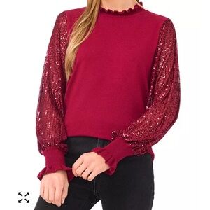 CeCe Women's Ruffle Trim Sequin Long Sleeves Sweater, deep Merlot, medium